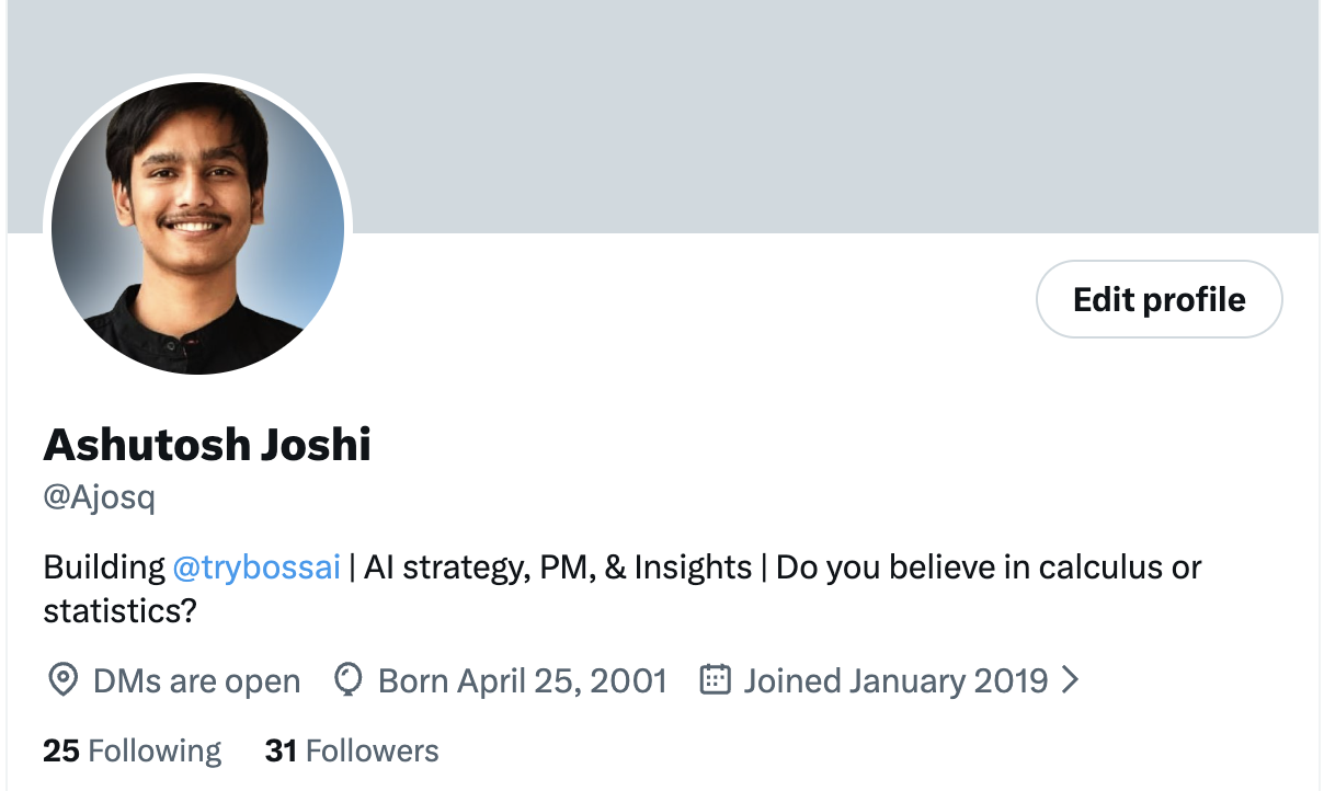 My X profile at the start of this: 31 followers